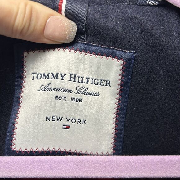 Tommy Hilfiger Double Breasted Navy Blue Wool Trench Coat Womens Large Belted - Picture 2 of 9